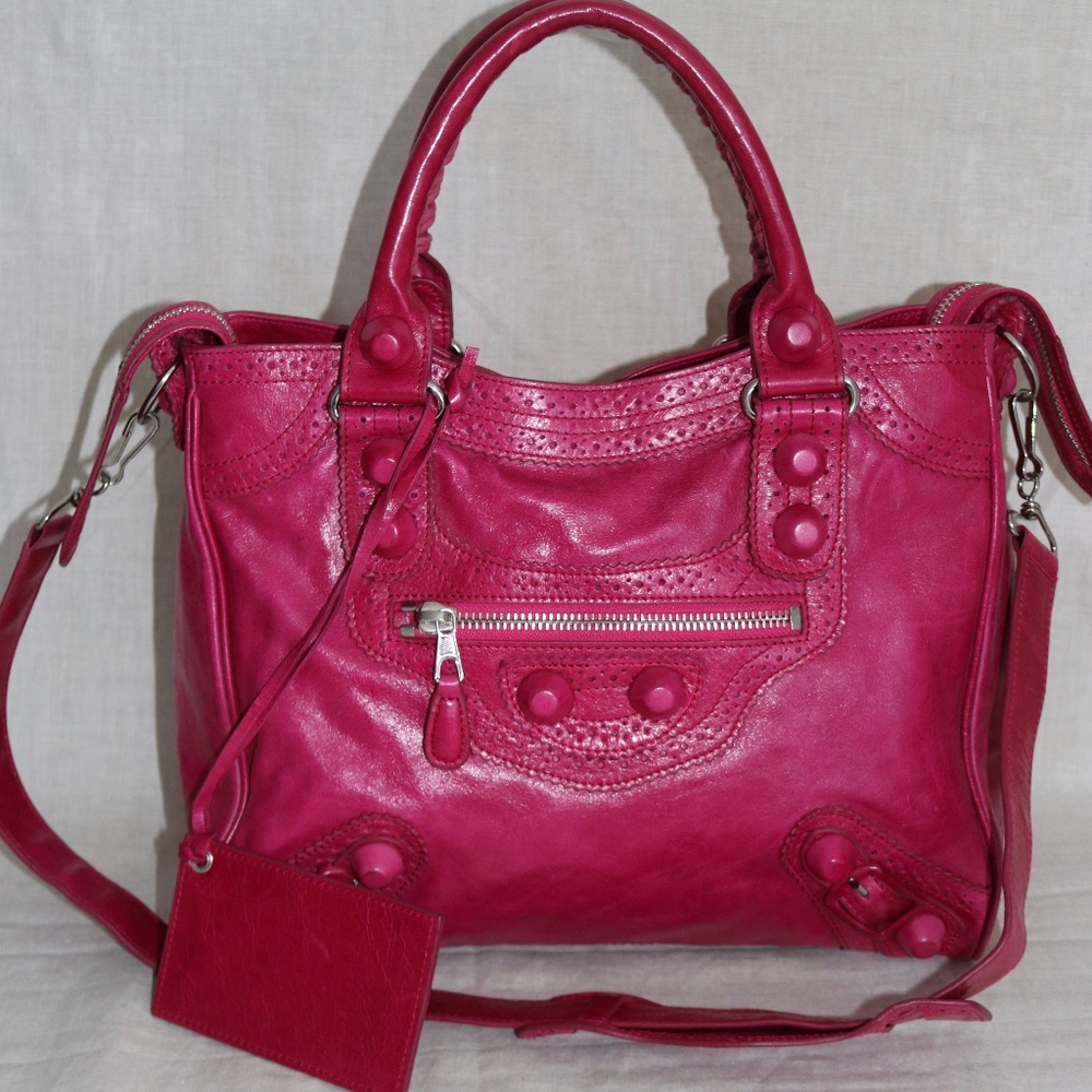 Balenciaga Pink Perforated Leather City Handbag